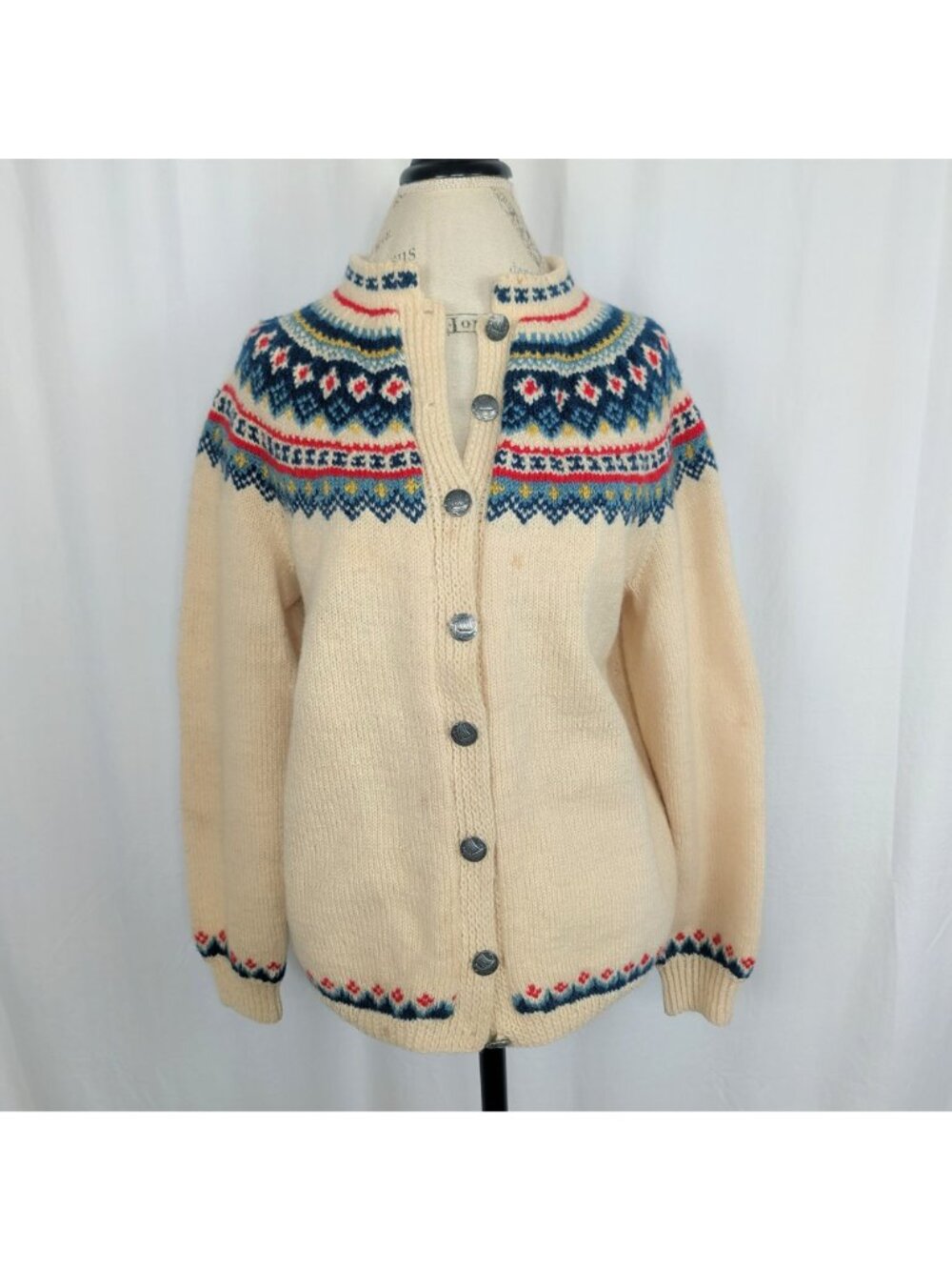 Vintage 60s Fair Isle Knit Cardigan Medium Cream Nordic - Picture 2 of 8